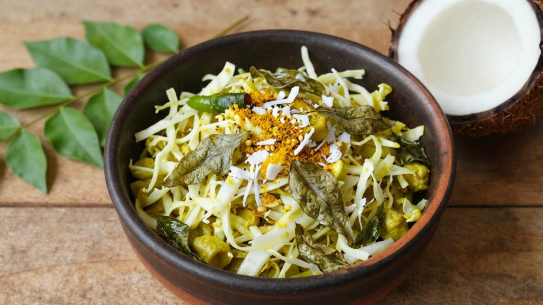 Kerala Thoran, eine Gemüse-Kokos-Pfanne mit Weißkohl und Kokosraspeln